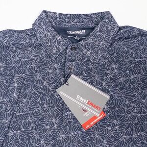 NEW Travel Smart Polo Shirt Easy Care Performance‎ Leaf Print Mens Size L Blue